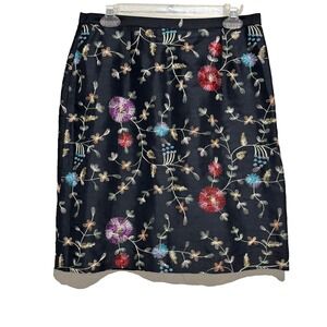 Silkland Petite Black 100% Silk Floral Embroidered Pencil Skirt 12P Embroidered